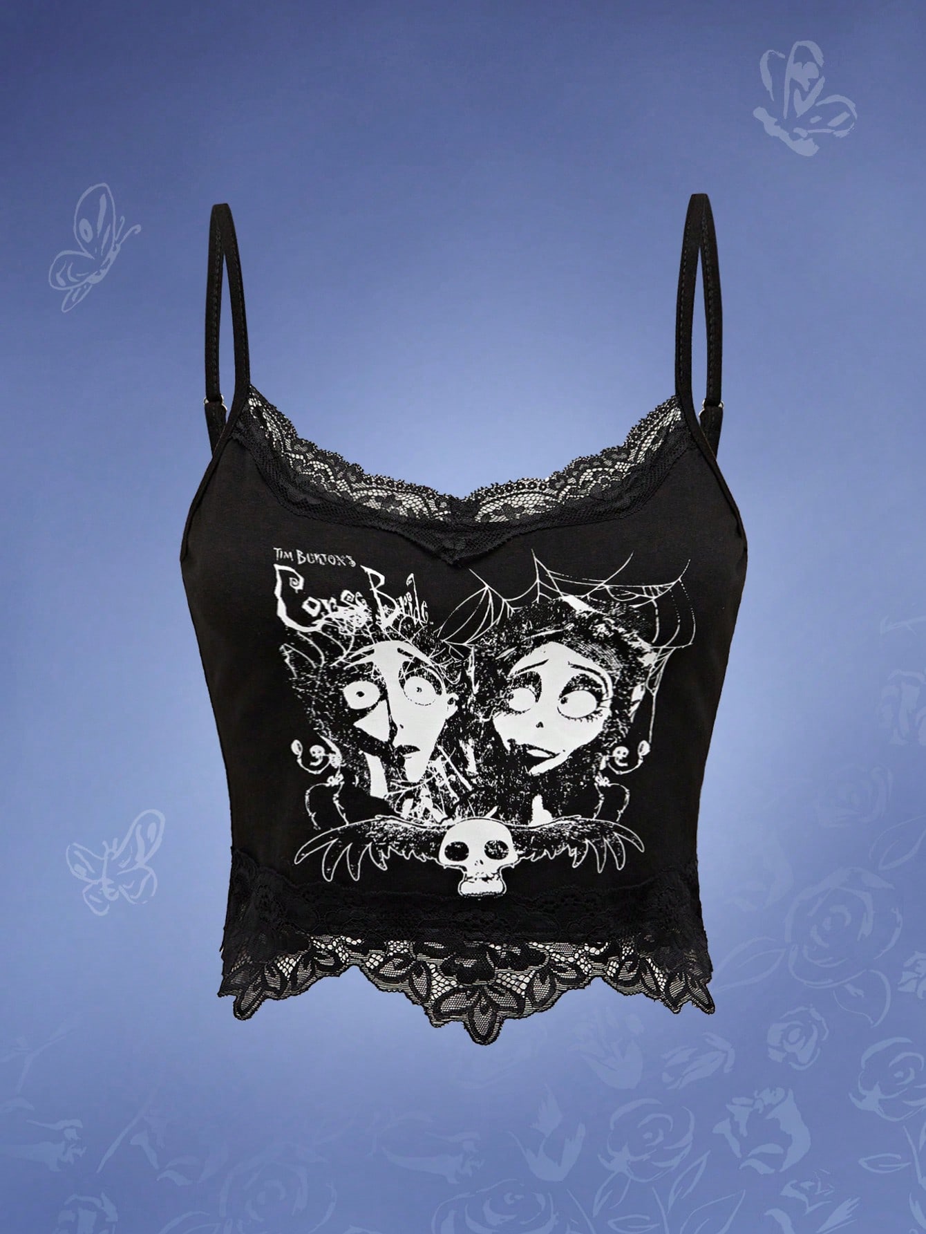 Corpse Bride | ROMWE Gothic Figure Patterned Contrast Lace Slim Fit Crop Camisole Top, School